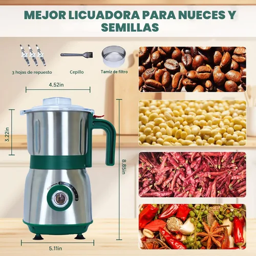 Miniatura 3 de Molinillos eléctricos para especias y nueces, 3 cuchillas de acero inoxidable, 1 filtro, 1 cepillo, molinillo de 500 W para cocina, uso en seco Verde