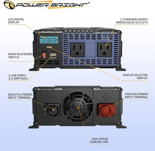 Miniatura 5 de PowerBright Inversor de corriente de 2000 vatios y 12 V, salidas USB y CA, fácil de instalar, alimentación portátil automotriz para herramientas