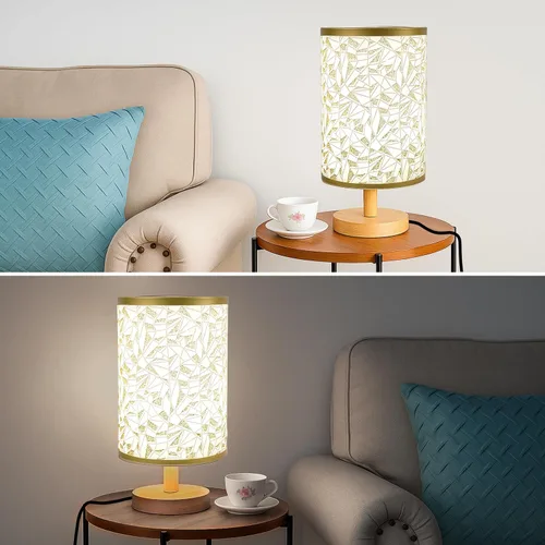 Miniatura 8 de Lámpara de escritorio con bombilla LED incluida, pequeña lámpara de mesita de noche enchufable, base de madera clásica con pantalla de tela de lino