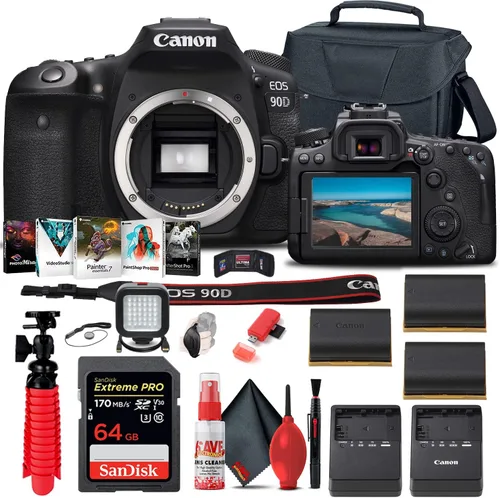 Canon Cámara DSLR EOS 90D (solo cuerpo) (3616C002) + tarjeta de memoria de 64 GB + funda + software Corel Photo + 2 baterías LPE6 + cargador +