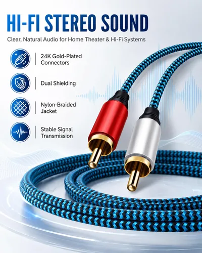 Miniatura 3 de Cable RCA de 5 pies/4.9 ft 2RCA macho a 2RCA macho cable de audio estéreo trenzado de nailon cable de audio auxiliar para cine en casa