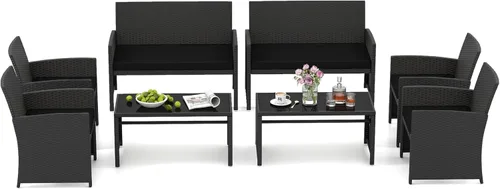 Miniatura 23 de HAPPYGRILL Juego de 4 muebles de mimbre para exteriores con mesa de centro de vidrio templado, cojines suaves, juego de sillas de ratán resistentes