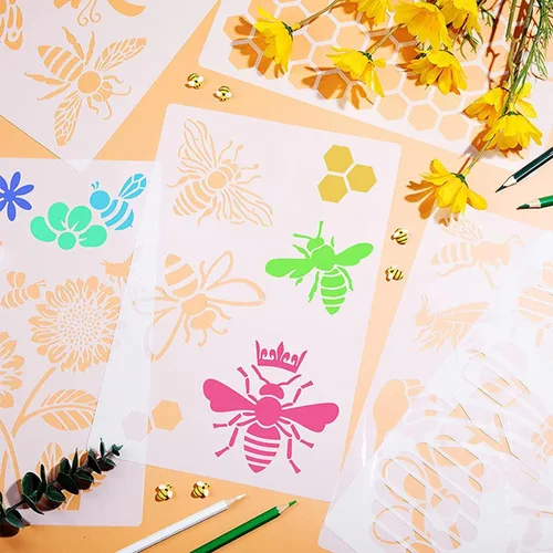 Miniatura 4 de Plantillas temáticas de abejas, 6 unidades, plantillas reutilizables de pintura de panal y girasol para arte de pared, pintura de muebles