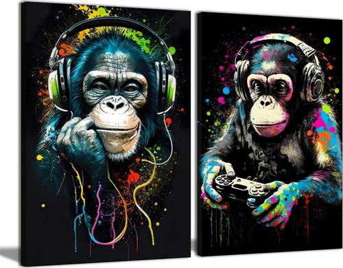 Lienzo de graffiti para juegos de pared, decoración de sala de juegos, póster de controlador de animales vintage, acuarela, música fresca,