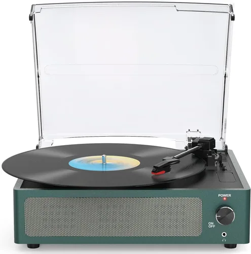 Miniatura 16 de Tocadiscos de vinilo con altavoces, receptor inalámbrico de 3 velocidades, fonógrafo LP de transmisión por correa, auriculares AUX RCA, parada Verde