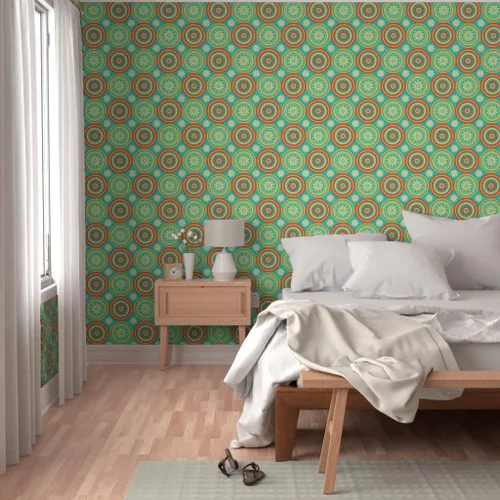 Miniatura 5 de Muestras de papel tapiz para despegar y pegar, círculos de azulejos florales retro de mediados de siglo, moderno, turquesa, naranja, amarillo