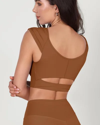 Miniatura 22 de ODODOS Camiseta corta sin mangas con cuello en V y frente fruncido para mujer, recortada en la espalda, manga casquillo