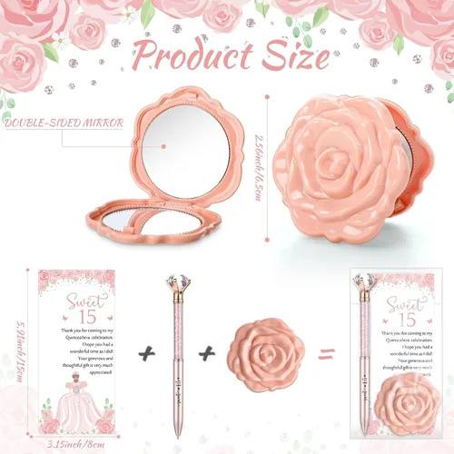 Miniatura 3 de Fuyoooo 25 juegos de bolígrafos de diamantes de quinceañera, recuerdos de fiesta de quinceañera, bolígrafos brillantes con diseño de rosas, espejos