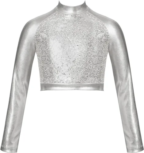 JEATHA Camiseta corta de manga larga con lentejuelas brillantes para niños y niñas, con cuello alto falso, camisetas atléticas de jazz hip-hop para