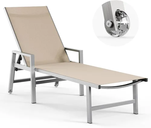 Miniatura 10 de Vexwalx Tumbona para patio al aire libre con ruedas y reposabrazos, sillas reclinables ajustables de aluminio de 5 posiciones, sillas de playa al