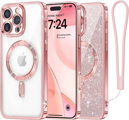 Miniatura 8 de Meifigno Candy Mag Series - Funda diseñada para iPhone 15 Pro, compatible con MagSafe, tarjeta con purpurina y correa de muñeca, protección completa