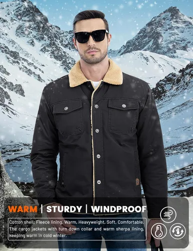 Miniatura 4 de MAGCOMSEN Chaqueta de invierno para hombre con forro de sherpa, chaqueta de camionero cálida con múltiples bolsillos
