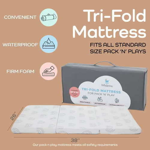 Miniatura 2 de Cubrecolchón impermeable para empacar y jugar, 38 x 26 pulgadas, estilo triple - espuma de felpa suave transpirable - Cubrecolchón portátil