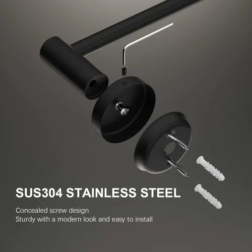 Miniatura 3 de Toallero de baño ajustable negro mate de 16 a 27.6 pulgadas, toallero individual de acero inoxidable 304, soporte para toallas montado en la pared