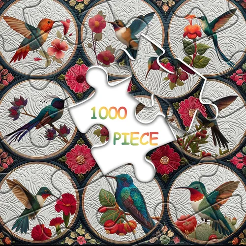 Miniatura 6 de Rompecabezas de colibrí para adultos de 1000 piezas, rompecabezas de flores de pájaros, arte de retazos, rompecabezas de edredón floral