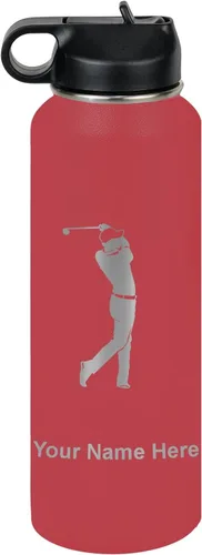 Miniatura 10 de LaserGram Botella de agua personalizada, golfista de golf, acero inoxidable de doble pared aislada al vacío con popote superior, regalo grabado Negro