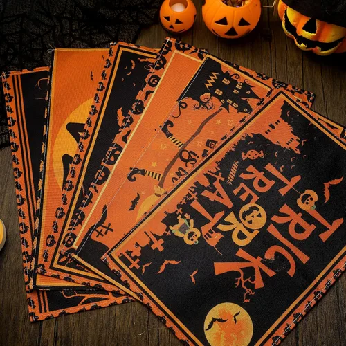 Miniatura 7 de Umigy 6 manteles individuales de Halloween de 12 x 18 pulgadas, manteles individuales góticos de murciélago para decoración de cocina, manteles