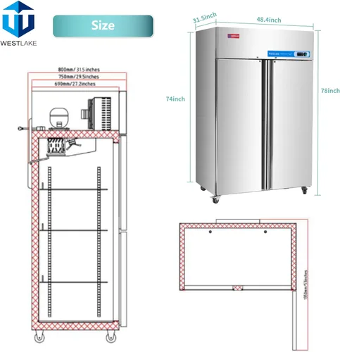 Miniatura 3 de WESTLAKE Congelador comercial de 48 pulgadas de ancho 2 puertas de 2 secciones de acero inoxidable Alcance en puerta sólida Ventilador Refrigeración