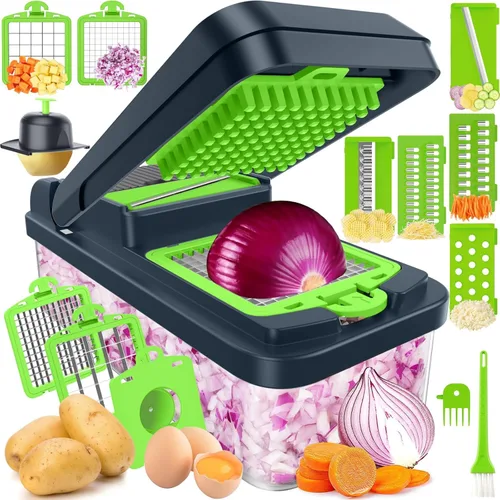 SpaceHacks Picador de verduras 12 en 1, utensilios de cocina con 7 cuchillas, para verduras, alimentos, picador de cebolla, cortador de pepino, Verde