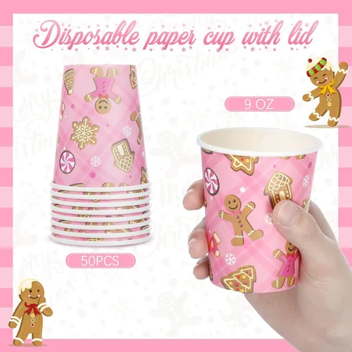 Miniatura 5 de Hushee 50 tazas de café de jengibre rosa de Navidad de 9 onzas, vasos de papel de Navidad con copos de nieve para beber té, bebidas frías calientes