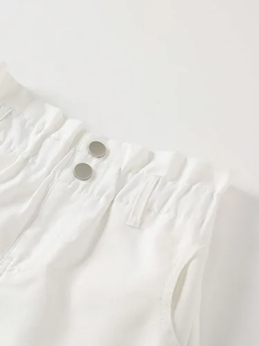 Miniatura 3 de OYOANGLE Pantalones cortos de mezclilla con dobladillo enrollable, cintura elástica, botones delanteros, pierna ancha