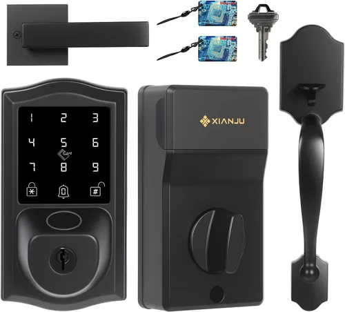 Juego de cerraduras inteligentes para puerta delantera con huellas dactilares con asa, control remoto con aplicación WiFi integrada y guía de voz,