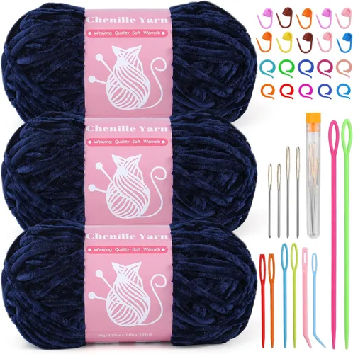 Miniatura 18 de LUNARM Hilo de terciopelo de felpilla para tejer a ganchillo, paquete de 3 unidades de 3.5 onzas / 3.5 onzas / 3.5 onzas para ganchillo y tejido