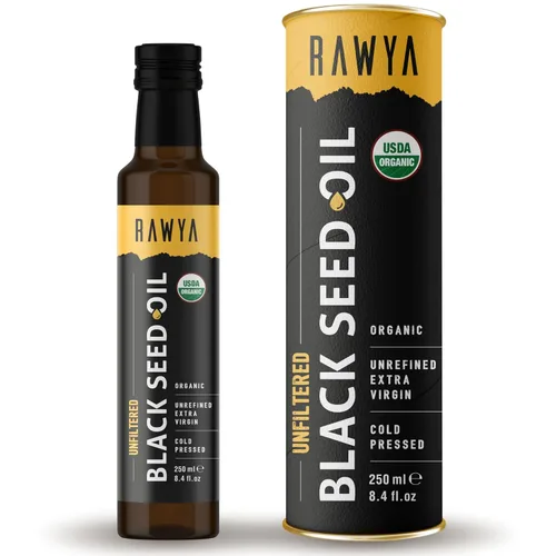 RAWYA Aceite de semilla negra, sin filtrar, espectro completo, 8.4 onzas líquidas, orgánico prensado en frío, Nigella Sativa - USDA Organic -