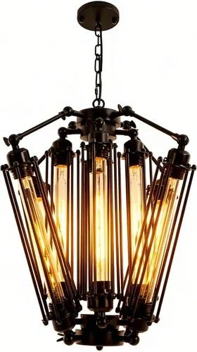 8-Lights Retro Metal Pendant Lamp with Glass Lamp Tube, Industrial Metal Chandelier, Vintage Mid Century Lighting Fixture, Steampunk Style Pendant