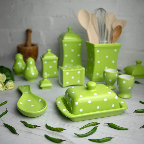 Miniatura 2 de City to Cottage Juego de 10 recipientes de cocina de cerámica de lunares verde lima y blanco hecho a mano, juego de almacenamiento de 10 recipientes