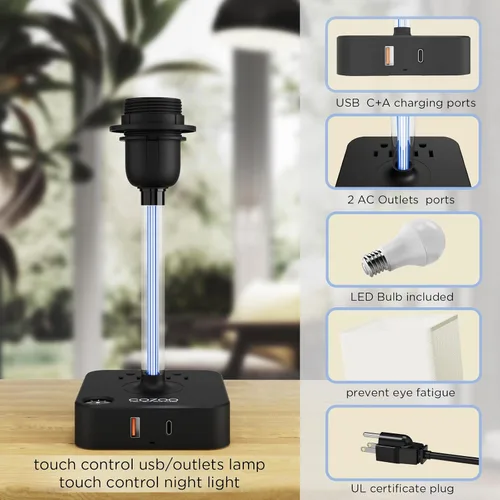 Miniatura 5 de COZOO - Lámpara de mesa y mesita de noche con control táctil de intensidad regulable de 3 vías, 3 puertos de carga USB y 2 tomas de corriente, base