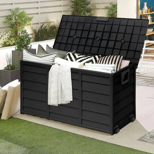 Miniatura 2 de SUNCROWN Caja de almacenamiento para cubierta de 75 galones, contenedor de almacenamiento al aire libre de resina con asas para patio, jardín, Negro