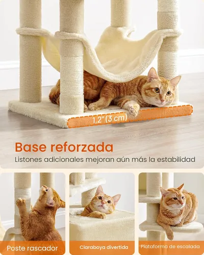 Miniatura 7 de Feandrea - Árbol para gatos de varios niveles para interiores, torre para gatos tipo condominio con 4 postes para rascar, 2 posaderos, hamaca y Beige