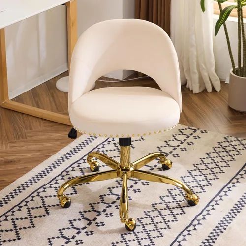 VINGLI Silla de Oficina Pequeña de Terciopelo Moderna, Linda Silla de Escritorio con Ruedas, Base/Tachuelas Doradas, Cómoda Silla Giratoria sin Beige