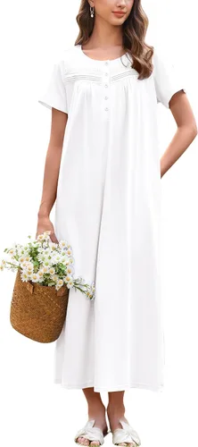 Miniatura 20 de Ekouaer Camisón para Mujeres de Algodón Camisón Largo de Noche Camisón de Manga Corta con Bolsillos Camisón con Botones Ropa de Dormir Suave