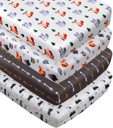 Miniatura 9 de Juego de 4 sábanas ajustables unisex para cuna de bebé, diseño de animales del bosque del bosque, de madera, neutro, para bebés, niños o niñas