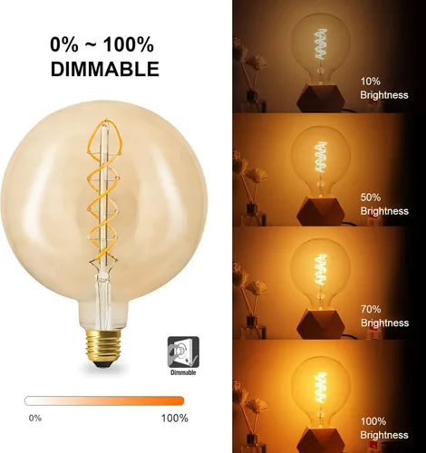 Miniatura 4 de Bombilla Edison E26 vintage de gran tamaño, regulable de 6 W, vidrio ámbar, blanco cálido 2200 K, sin parpadeo, CRI90, equivalente a 60 W, bombilla