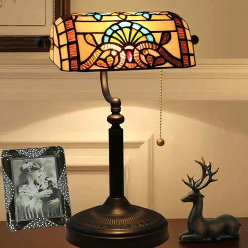Bankers - Lámpara de escritorio con vitrales verdes, lámpara Tiffany, lámpara de mesa vintage con base de aleación, lámpara de lectura de cabecera