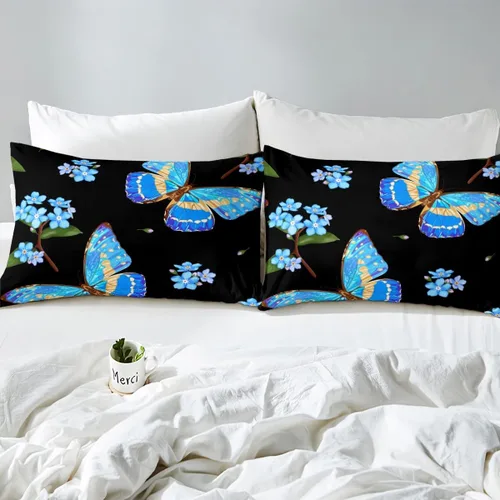 Miniatura 5 de Erosebridal Juego de ropa de cama con diseño de mariposas y flores azules, tamaño individual, funda de edredón floral de acuarela para niños