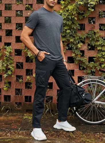 Miniatura 3 de JMIERR Pantalones cargo para hombre, casuales, de algodón, ajuste relajado, cintura elástica, ligeros, con múltiples bolsillos