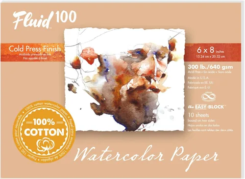 Bloque de acuarela Fluid 100, 6 x 8 pulgadas, 10 hojas, 300 lb (640 g/m²) 100% Algodón Ficha de presión fría para pintura artística y medios húmedos