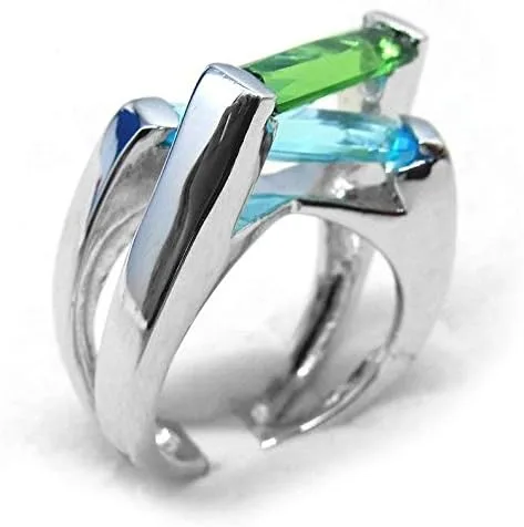 Miniatura 2 de Anillo moderno de plata esterlina cruzada flotante de helenita azul y verde R98S 4.0 ct