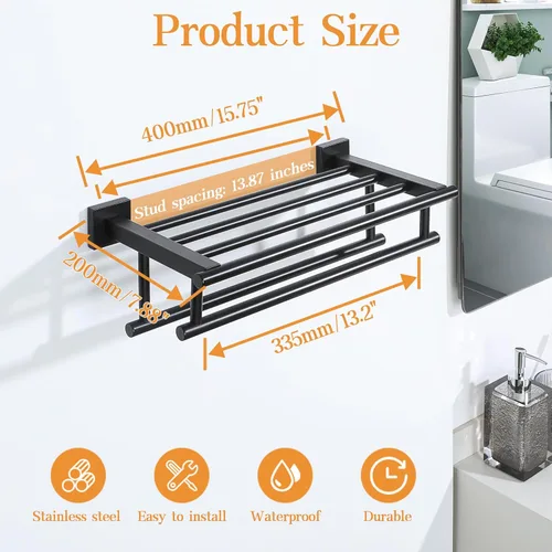 Miniatura 3 de Alise - Toallero para baño con montaje en pared, soporte de toallas de baño con doble barra para toallas y estante, 40.6 cm, SUS304 de acero Negro