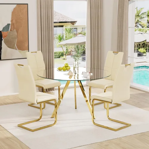 Miniatura 8 de Juego de sillas de comedor modernas (2 unidades) de piel sintética PU con respaldo alto tapizadas con patas doradas de metal para cocina y comedor