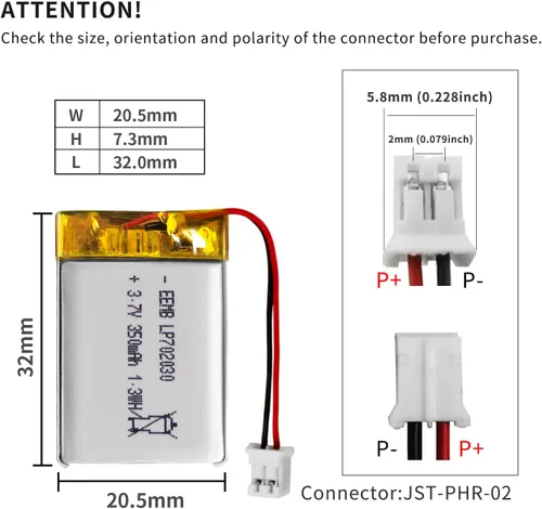 Miniatura 3 de EEMB 3.7V Lipo Batería 350mAh 702030 Batería de iones de polímero de litio Batería recargable de polímero de iones de litio con conector JST
