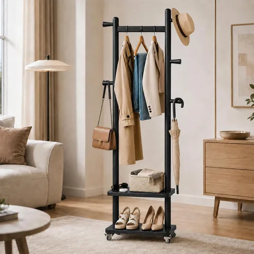 Miniatura 9 de Estante de abrigos de madera maciza independiente con ruedas y 2 estantes de almacenamiento y 5 ganchos, estante de ropa resistente, árbol de Negro