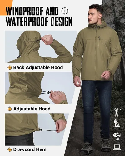 Miniatura 5 de 33,000ft Chaqueta de lluvia plegable para hombre, chaqueta ligera impermeable con capucha, impermeable tipo gabardina para ciclismo