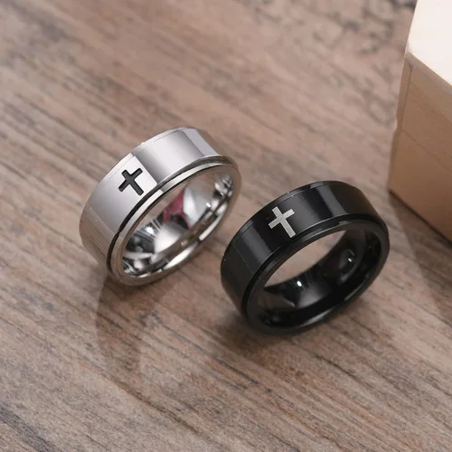 Miniatura 7 de Ropartman Anillo giratorio de acero inoxidable para hombres, anillos plateados y negros para la ansiedad, anillo de cruz de oración para aliviar