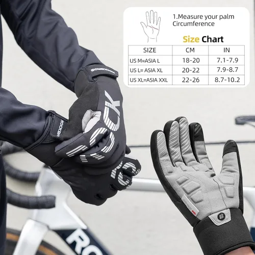 Miniatura 6 de ROCKBROS Guantes de ciclismo de invierno para pantalla táctil, guantes de bicicleta de montaña para clima frío, guantes de ciclismo para hombres