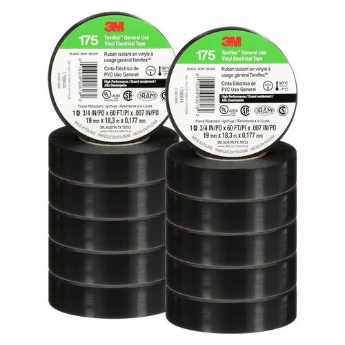 3M Temflex Cinta eléctrica de vinilo 175, ignífuga, adhesivo sensible a la presión, protección eléctrica y mecánica, negro, 7 mil, 3/4 pulgadas x 60